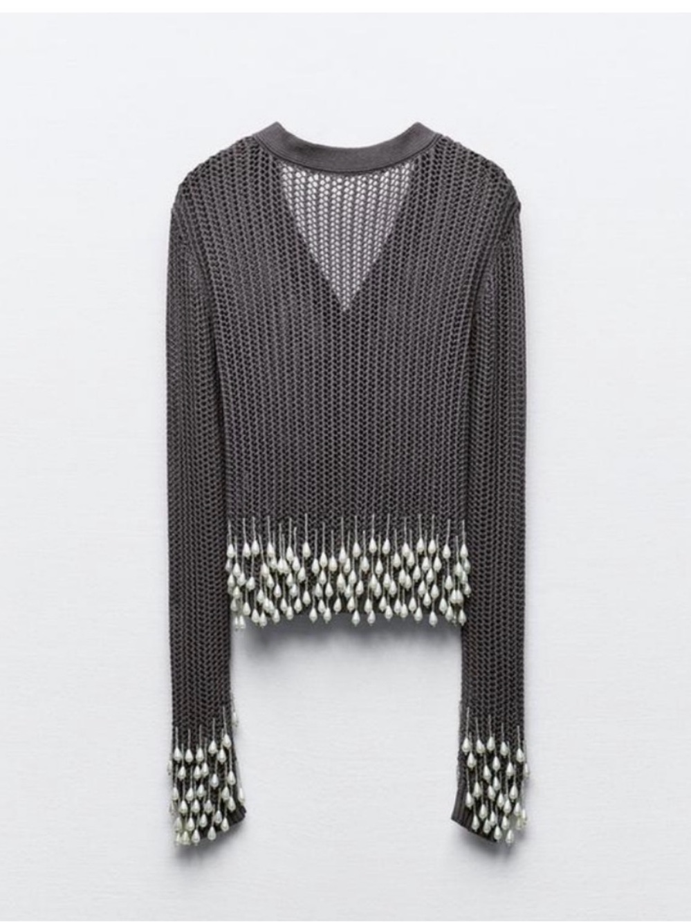 Zara Pearl Fringe Knit Cardigan cascading pearls Beads Grey 3969/003 NWT - Picture 3 of 7